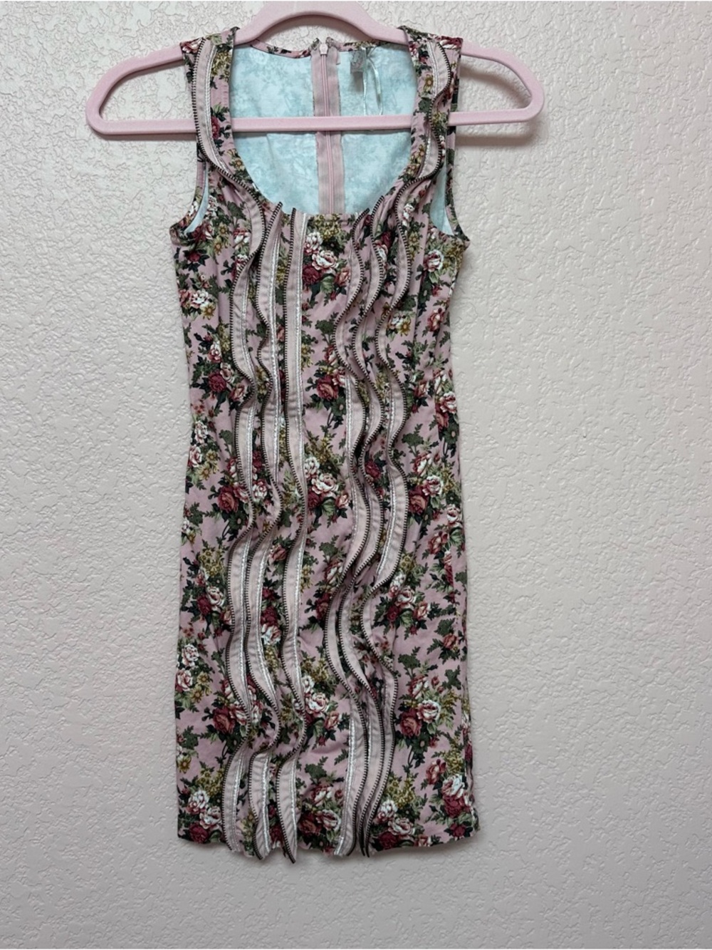 Floral Pink Sleeveless Midi Dress with Curved Lace Panels